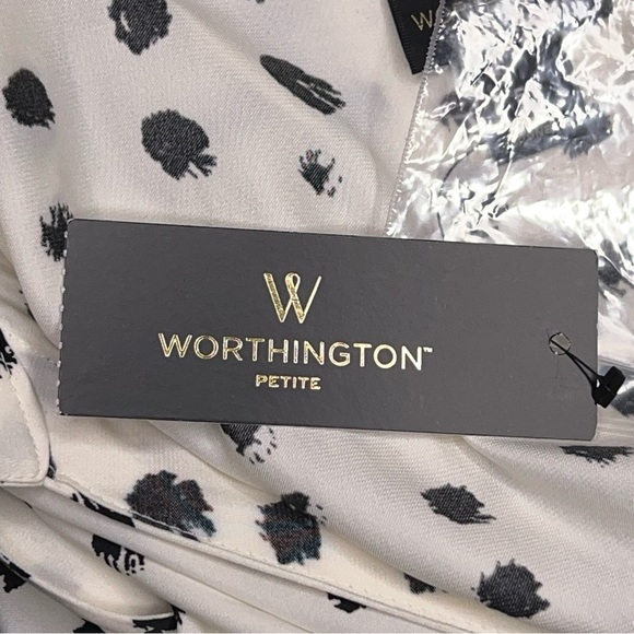 NEW Petite L Worthington White Black Polka Dot Blouse Bow Neckline 3/4 Sleeve - Picture 15 of 16